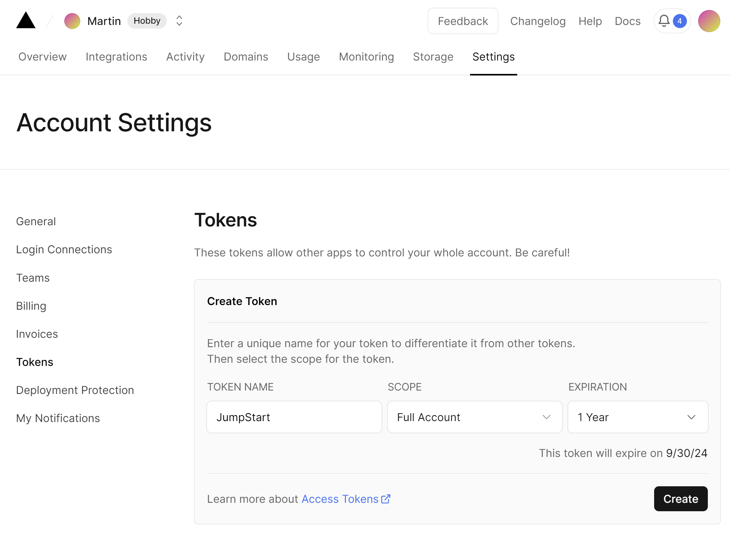 Account Settings Tokens